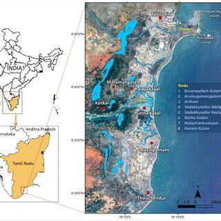 Comparison of maps of mouth of river Thamirabarani; a) Large-scale map ...