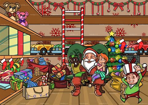 Santa And Two Kids Hanging Out At Santa's Workshop Cartoon Scene ...