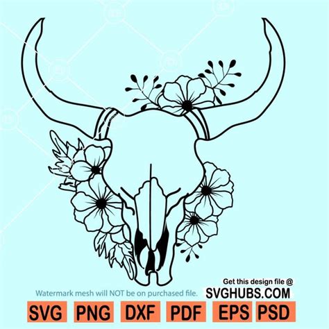 Cow skull with flowers svg, longhorn skull svg, floral cow skull svg ...