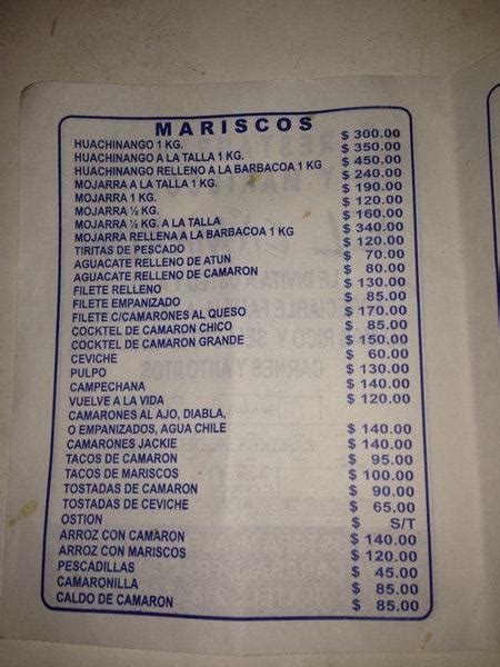 Menu at Restaurante El Camarón, Acapulco