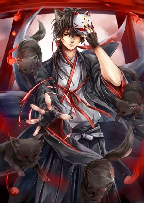 an anime character with black hair and red eyes, holding two cats in ...