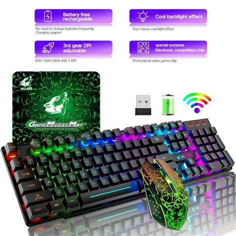 Wireless Rechargeable Gaming Keyboard and Mouse Combo Set with Colorful ...