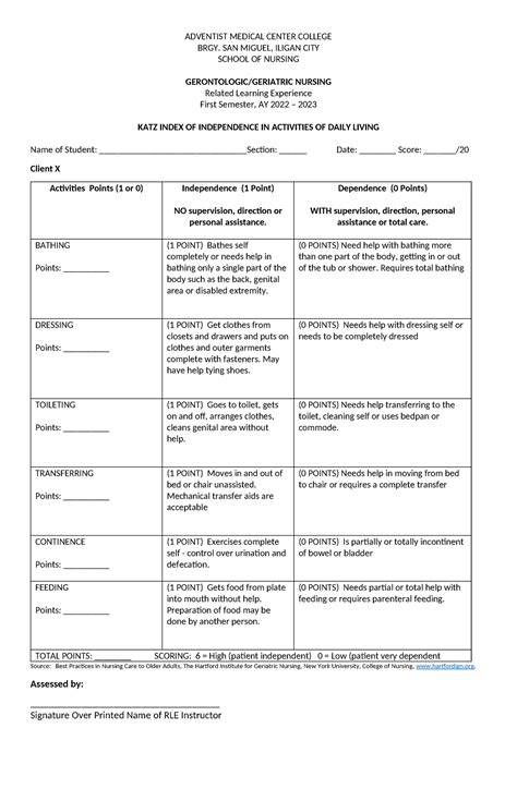 KATZ ADL AND Lawton - gerontologic assessment - ADVENTIST MEDICAL ...