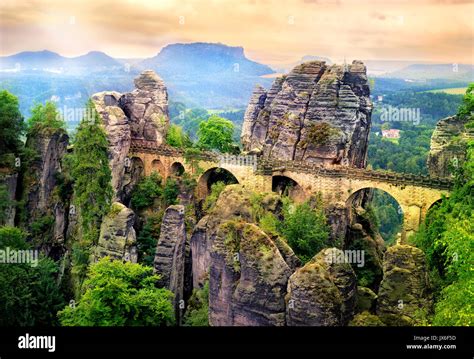 Bastei Bridge in the Elbe Sandstone Mountains is the major landmark of ...