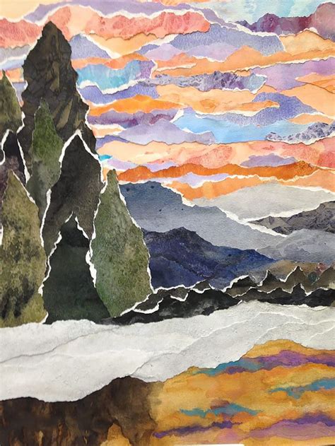 watercolor painting of mountains and trees in the distance