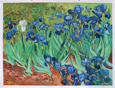 a painting of blue irises in a garden