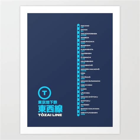 Tozai Line Tokyo Train Station List Map - Navy Art Print by neotokyo ...