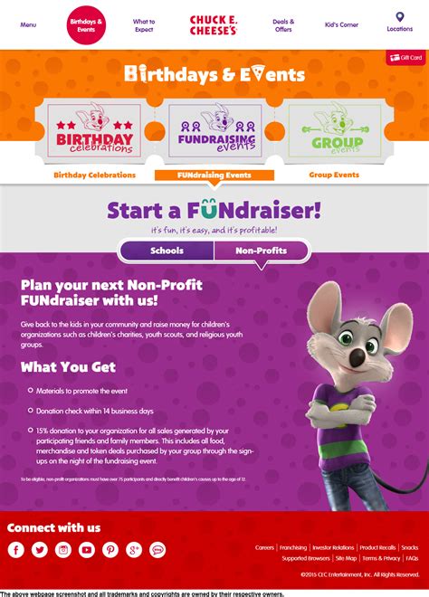 Chuck E Cheese's donation info and form. https://www.chuckecheese.com ...