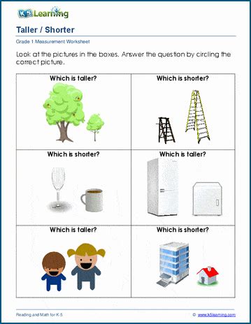 Grade 1 length worksheets: which object is taller (shorter)? | K5 Learning