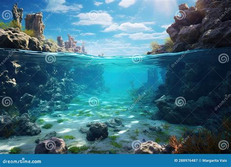 Realistic Panoramic View Under and Above the Water. Concept of Diving ...