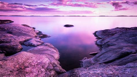 Sunset Scenery Rocks Lake Purple Sky Preview | 10wallpaper.com