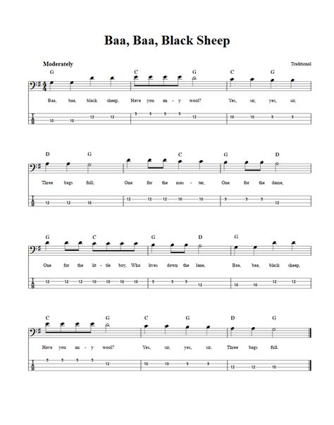 Baa, Baa, Black Sheep - Bass Guitar Sheet Music and Tab with Chords and ...