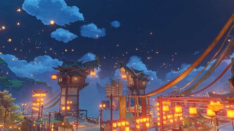 an animated city with lots of lights and lanterns in the night sky ...