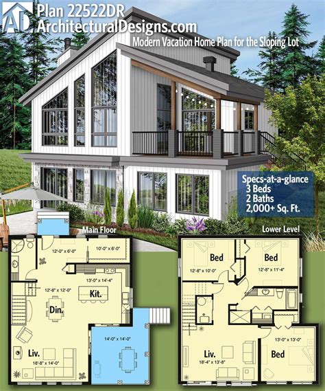 Plan 22522DR: Modern Vacation Home Plan for the Sloping Lot - 2085 Sq ...