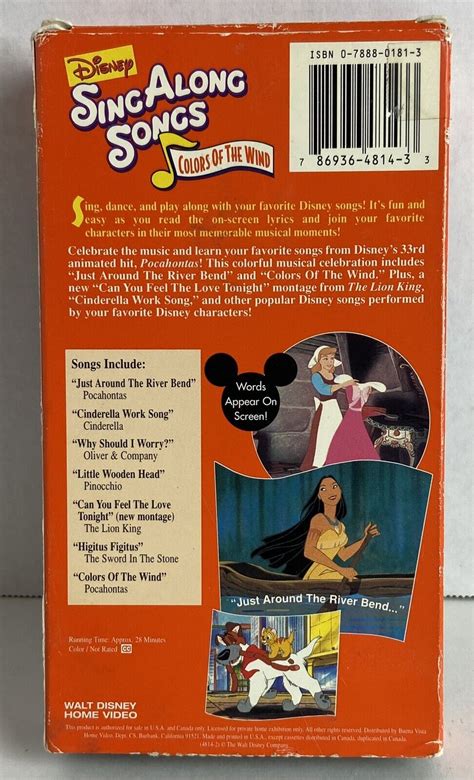 Disney Sing Along Songs Vhs Video Tape Pocahontas Colors Wind 823 ...