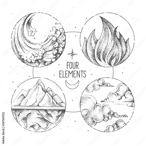 Modern magic witchcraft card with four elements. Hand drawing occult ...