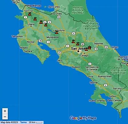 Costa Rica Volcanoes Map - Arenal, Poas, Irazu and Rincon de la Vieja