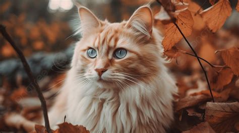 Orange Cat In Autumn Leaves With Blue Eyes Background, Cute Cat ...