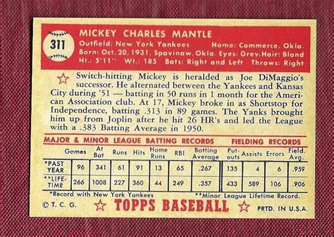 1952 Topps 311 Mickey Mantle Rookie Card REPRINT - Etsy