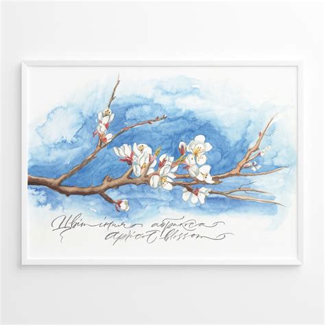 Apricot Blossom Art. Watercolour Painting and Brush Pen Calligraphy ...