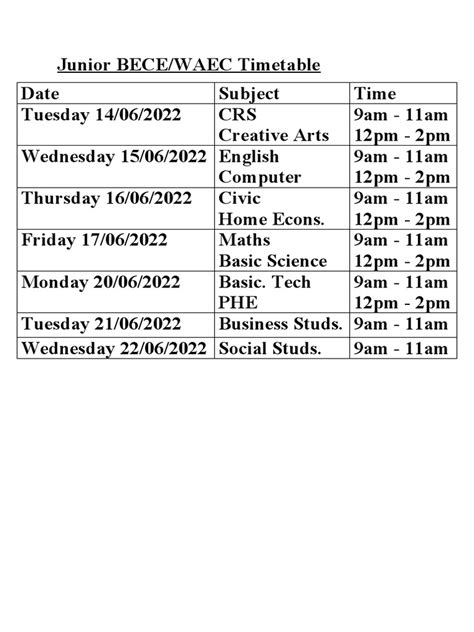 Junior WAEC Timetable | PDF