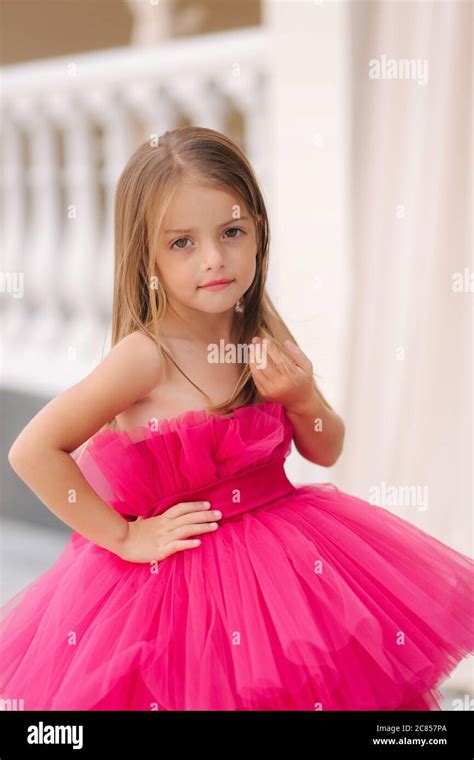 Cute little girl model in fluffy pink dress posing to photographer ...