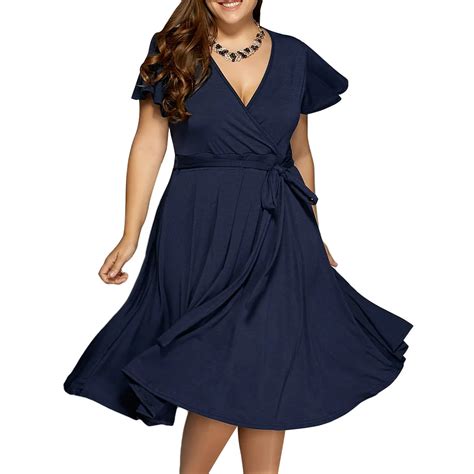 Joineles Plus Size Navy Blue Color Women Summer Dress V Neck Short ...