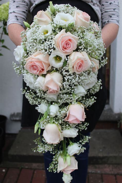 Elegant blush pink and white tear drop bouquet including roses ...