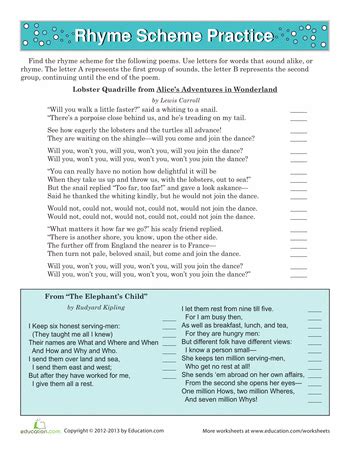 Rhyme Scheme Practice | Worksheet | Education.com | Rhyme scheme ...