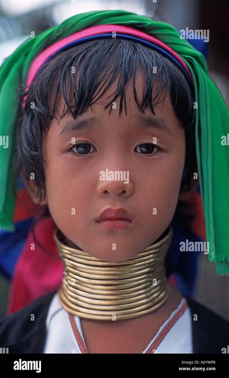 Padaung girl with distinctive brass neck rings Shan State Burma Stock ...