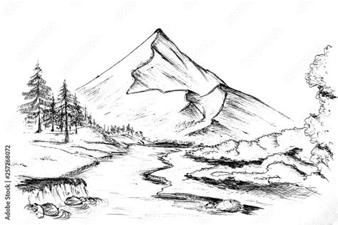 Art picture drawn mountain landscape with a river sketch black and ...