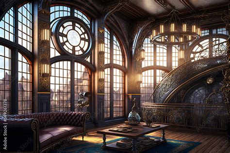 steampunk interior design, fantasy retro hall, in a victorian house ...