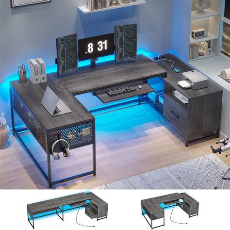 L Shaped Computer Desk with LED Light, Reversible U Shaped Gaming Desk ...