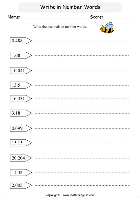 Writing Decimals In Words Worksheet Grade 5