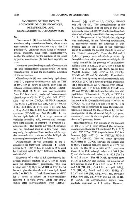 SYNTHESIS OF THE INTACT AGLYCONE OF OLEANDOMYCIN, OLEANDOLIDE, AND ...