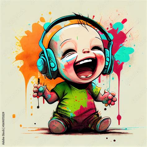 Colorful cartoon drawing of cute happy singing baby with headphones, Ai ...