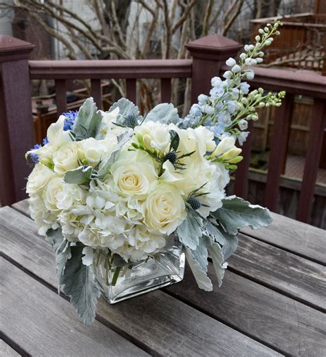 Valentine's Day flower arrangement in whites and blues - delphinium ...