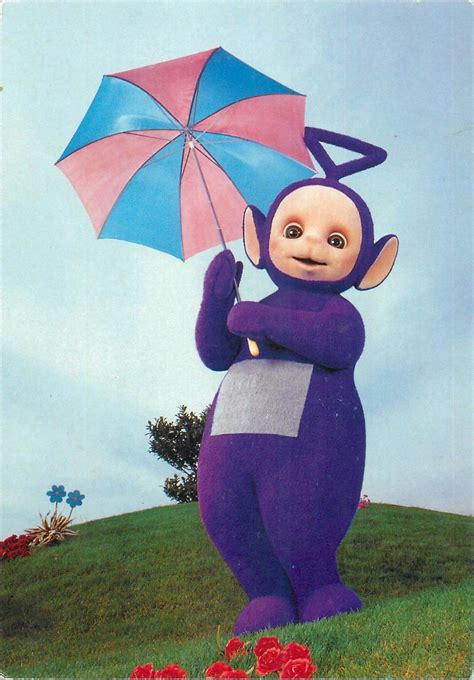 Teletubbies characters and logo postcard Tinky Winky with umbrella ...