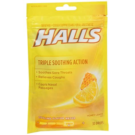 Halls Menthol Cough Suppressant/Oral Anesthetic Drops Honey Lemon – 30 ...