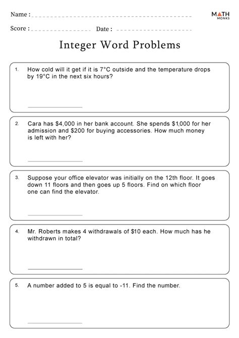 Integer Word Problems Worksheets - Math Monks