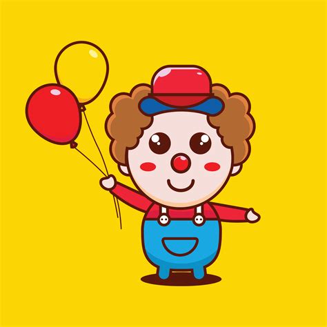 caricatura, lindo, pequeño, payaso, con, globos, vector, icono ...