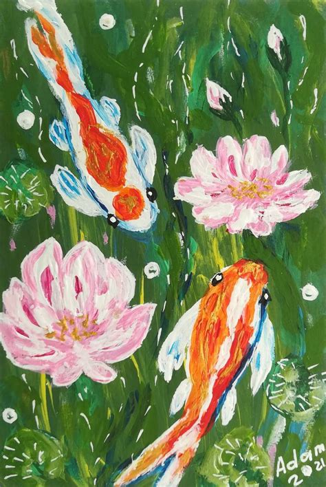 Koi fish in the lotus pond Painting by Svetlana Adamenko | Saatchi Art