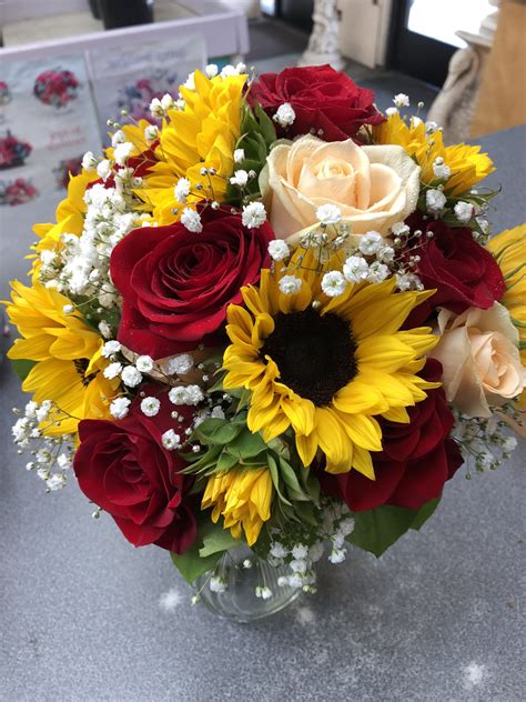 Sunflower And Red Rose Wedding Bouquets - jenniemarieweddings