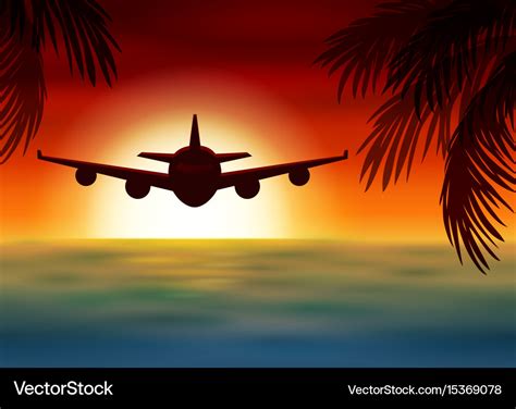 Airplane flies over the sea at sunset Royalty Free Vector