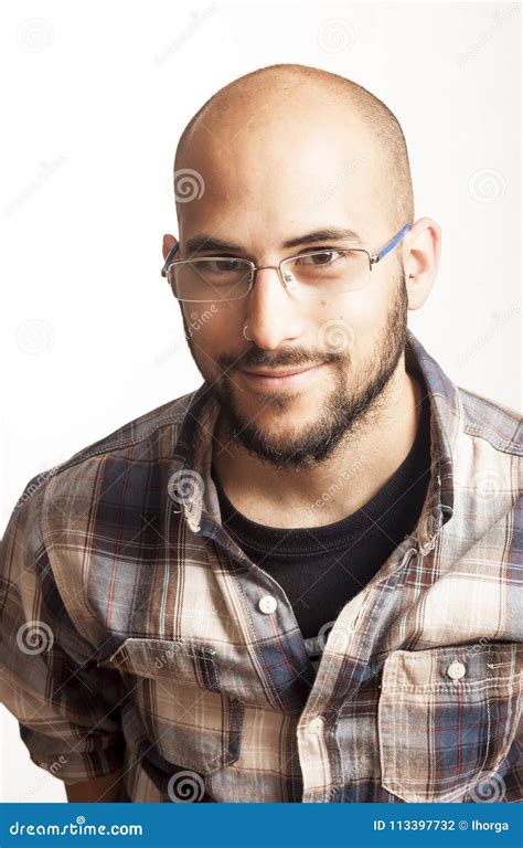 Portrait of a Young Bald Man with a Beard and Glasses Stock Photo ...