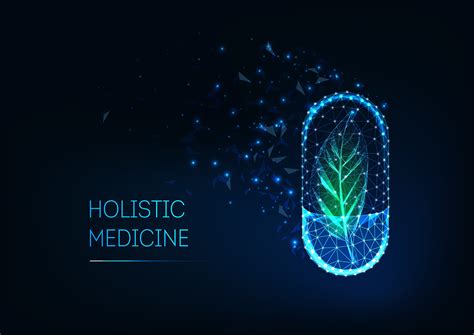 Holistic medicine concept with glowing futuristic low polygonal capsule ...