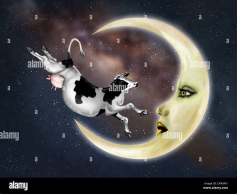 Illustration of a dairy cow jumping over the moon Stock Photo - Alamy