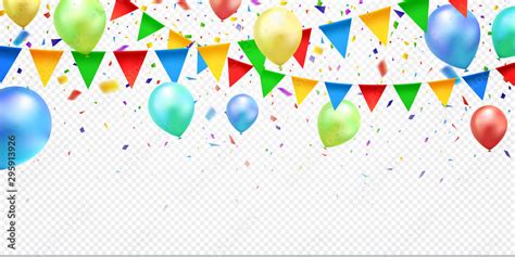 Colorful confetti, balloons and party flags, isolated on transparent ...