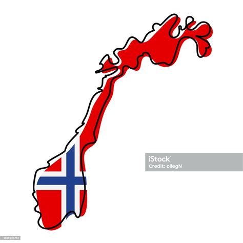 Stylized Outline Map Of Norway With National Flag Icon Flag Color Map ...