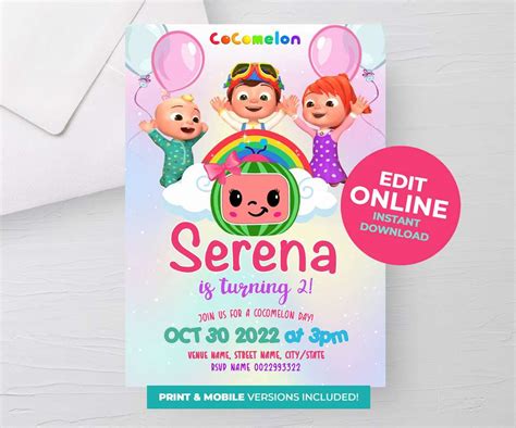 CoComelon Birthday Invitation Template - Instant Edit and Download